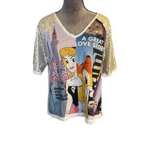 Disney Womens Patchwork Princess Sequin Sleeve T-Shirt L